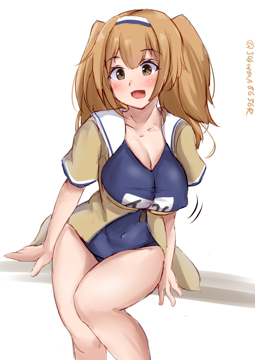 1girl absurdres brown_jacket cowboy_shot hairband highres i-26_(kancolle) jacket kantai_collection light_brown_eyes light_brown_hair long_hair looking_at_viewer name_tag new_school_swimsuit one-hour_drawing_challenge sailor_collar sakura_ab school_swimsuit short_sleeves simple_background solo swimsuit swimsuit_under_clothes two-tone_hairband two_side_up white_background white_sailor_collar