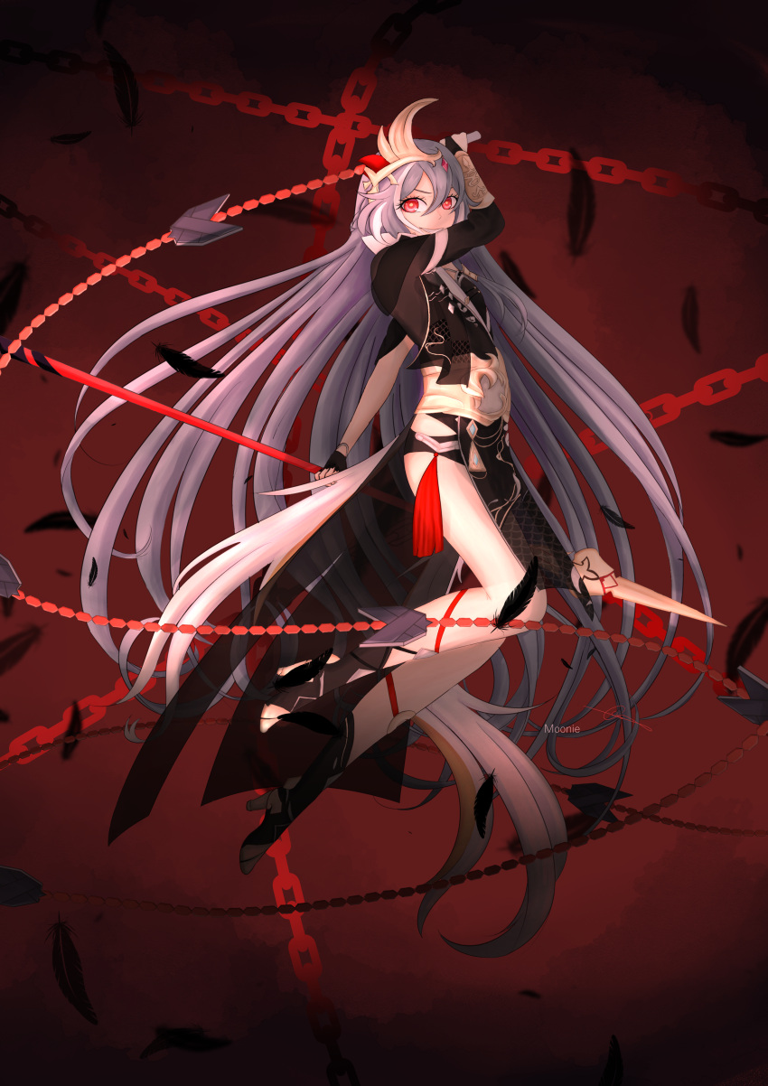 1girl :d absurdres artist_name asymmetrical_gloves bangs black_gloves chain character_name chinese_clothes fingerless_gloves fu_hua fu_hua_(herrscher_of_sentience) full_body gloves grey_hair grin hair_between_eyes hair_ornament highres holding holding_whip honkai_(series) honkai_impact_3rd long_hair looking_at_viewer mismatched_gloves moonlight_soul open_mouth red_eyes single_sleeve smile solo teeth whip white_gloves