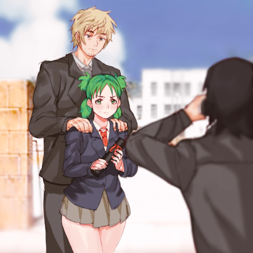 1girl 2boys bags_under_eyes black_suit blazer blonde_hair blurry blurry_foreground crying crying_with_eyes_open day facial_hair goatee graduation green_eyes green_hair hands_on_another's_shoulders height_difference highres jacket keigi koiwai_yotsuba mr._koiwai multiple_boys older quad_tails red_neckwear school_gateway short_hair taking_picture tearing_up tears teenage yanda yotsubato!