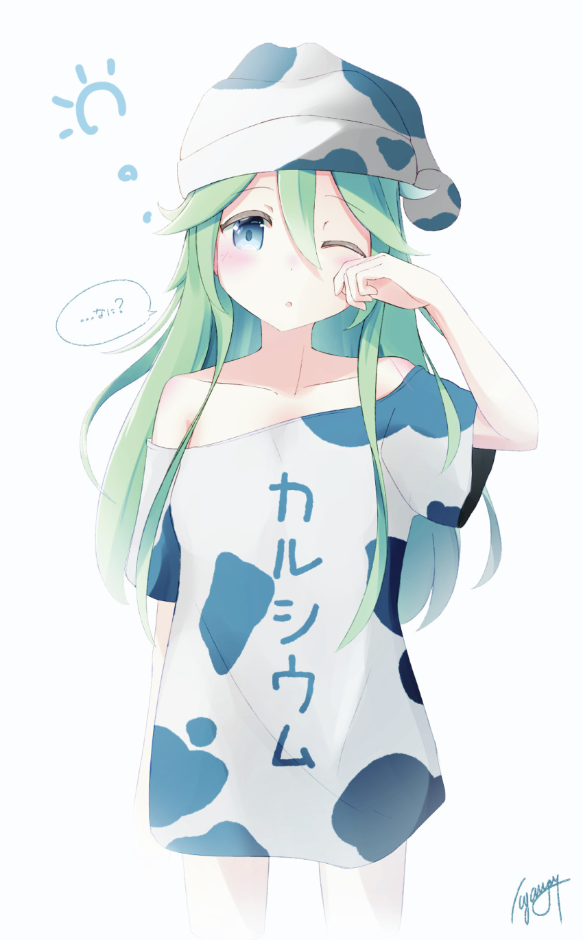 1girl :o alternate_costume animal_print bangs blue_eyes blush clothes_writing cow_print eyebrows_visible_through_hair green_hair grey_background hair_between_eyes hat highres iyama_nami kantai_collection long_hair off_shoulder one_eye_closed pajamas parted_lips short_sleeves simple_background sleepy solo translated yamakaze_(kancolle)