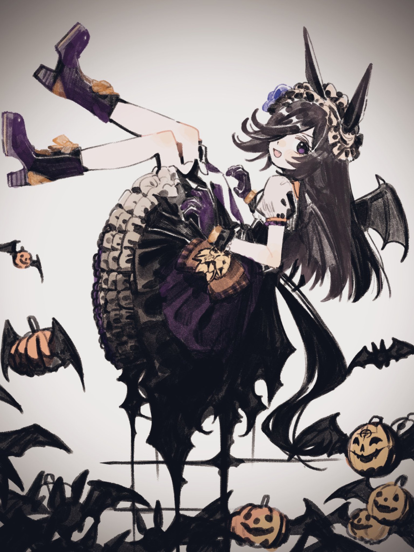 1girl animal_ears bat_wings black_dress boots brown_hair dress from_side full_body gloves grey_background hair_over_one_eye highres horse_ears horse_girl horse_tail jack-o'-lantern long_hair looking_at_viewer make_up_in_halloween!_(umamusume) official_alternate_costume open_mouth purple_dress purple_footwear purple_gloves rice_shower_(umamusume) solo tail tenoo12 two-tone_dress umamusume violet_eyes wings