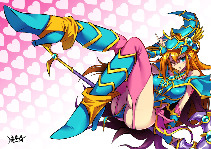 1girl armor blue_dress blue_eyes blue_footwear blue_headwear blush_stickers boots breasts detached_sleeves dress duel_monster fingernails garter_straps hair_between_eyes hand_to_head hand_up hat heart heart_background high_heel_boots high_heels highres large_breasts leg_up long_hair looking_at_viewer magician's_valkyria one_eye_closed orange_hair parted_lips pauldrons pink_legwear reclining red_nails ryuusei_(mark_ii) shoulder_armor signature smile solo staff thigh-highs wizard_hat yu-gi-oh!