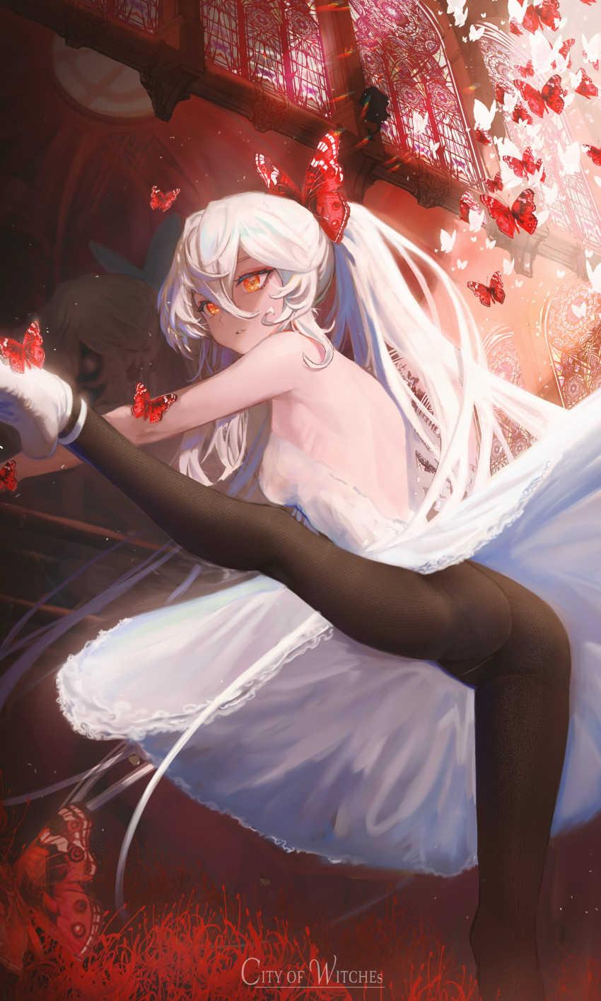 1girl absurdres bangs bare_back black_legwear bug butterfly clothes_lift dancer dress dress_lift hair_ribbon highres kanashi_kumo leg_lift pantyhose ponytail red_butterfly red_eyes ribbon solo source_request spread_legs toe-point upskirt white_dress white_hair