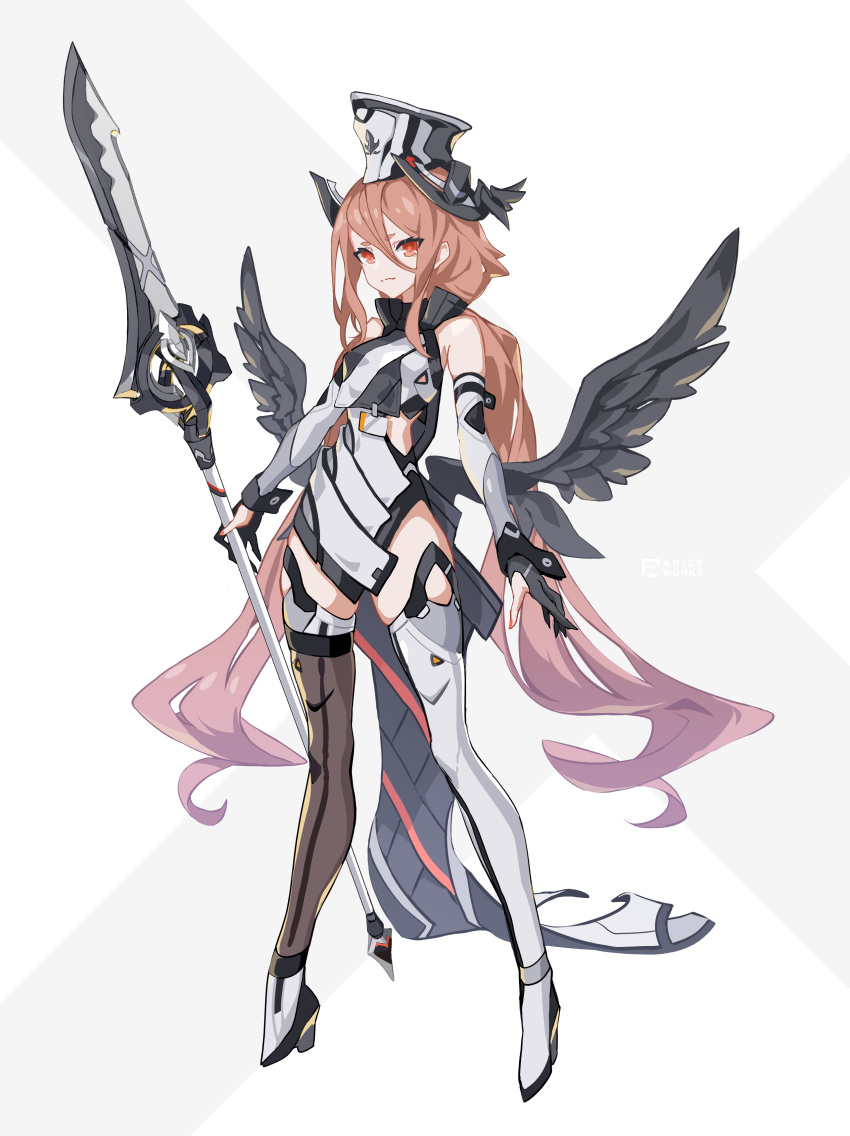 1girl absurdres asymmetrical_clothes brown_eyes brown_hair cancell elbow_gloves gloves hair_between_eyes highres holding holding_weapon leotard long_hair low_wings original science_fiction smile solo thigh-highs very_long_hair weapon white_background wings