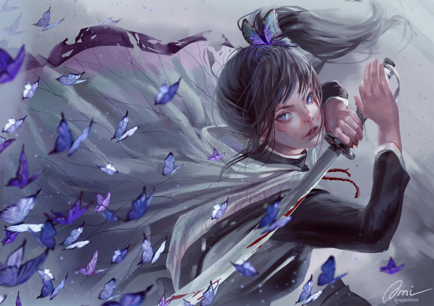 1girl bangs black_hair blood blood_on_weapon bug butterfly butterfly_hair_ornament from_side hair_ornament highres holding holding_sword holding_weapon injury kimetsu_no_yaiba kochou_shinobu long_hair looking_at_viewer ponytail purple_butterfly solo sword upper_body violet_eyes weapon windami