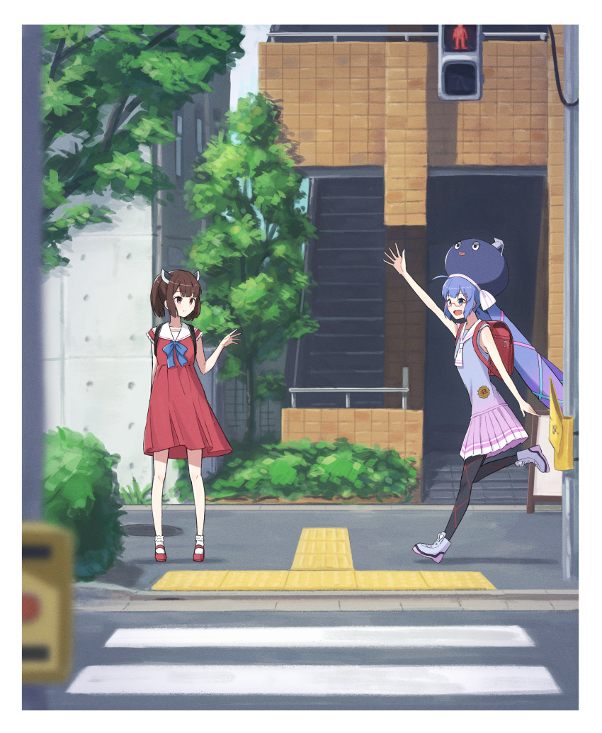 2girls absurdres ahoge argyle argyle_legwear arm_up backpack bag bare_shoulders black_legwear blue_dress blue_hair blue_headwear brown_eyes brown_hair building city collar collared_dress commentary crosswalk dress eel_hat gradient_hair hair_ribbon hand_up hat headgear highres large_hat light_smile long_hair minatsuki_(m1natsuk1) miniskirt mortarboard multicolored_hair multiple_girls open_mouth otomachi_una outdoors outstretched_arm pantyhose pink_skirt plant pleated_skirt randoseru ribbon road sailor_collar school_uniform shirt shoes short_hair short_twintails skirt sleeveless sleeveless_shirt smile sneakers stairs street tactile_paving talkex touhoku_kiritan traffic_light tree twintails very_long_hair vocaloid voiceroid waving white_collar