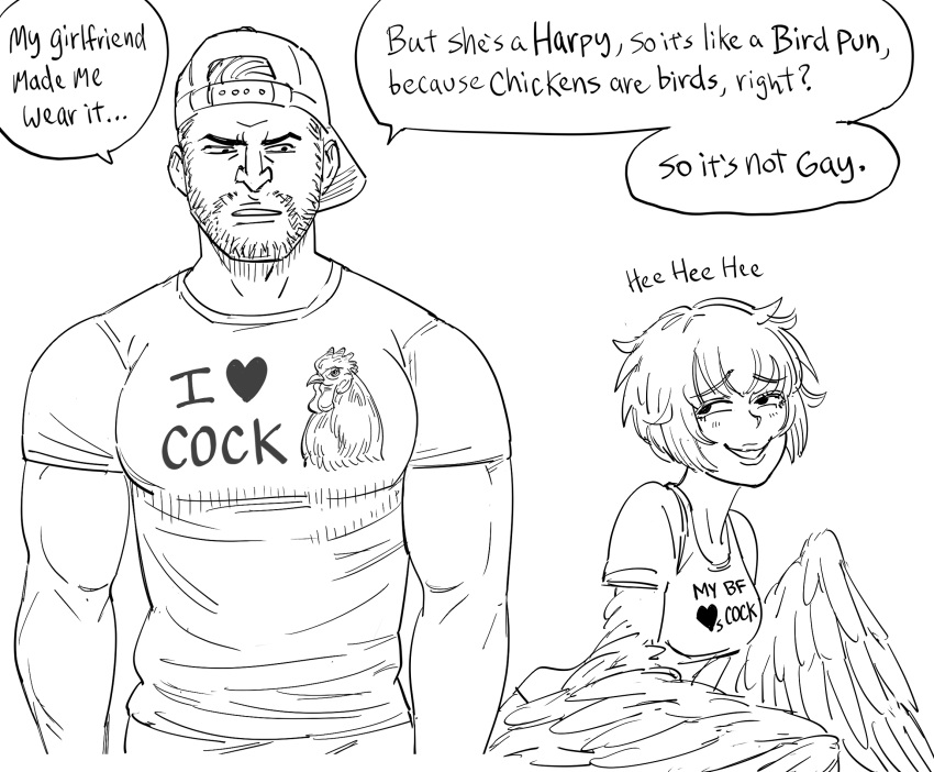 1boy 1girl backwards_hat baseball_cap bb_(baalbuddy) english_commentary english_text facial_hair greyscale harpy hat highres monochrome monster_girl original shirt simple_background white_background wings