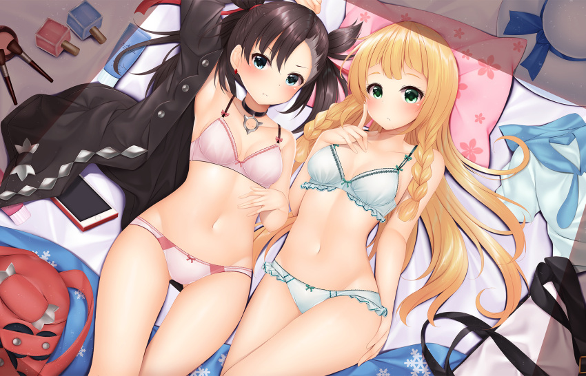 2girls ass_visible_through_thighs asymmetrical_hair bangs bed_sheet black_choker black_hair black_jacket black_legwear blonde_hair blue_eyes blue_sailor_collar bow bow_bra bow_panties bra braid breasts cellphone choker closed_mouth collarbone commentary_request dress dress_removed earrings eyebrows_visible_through_hair frilled_bra frilled_panties frills green_bra green_eyes green_panties groin hair_between_eyes hat hat_removed headwear_removed highres jacket jewelry lillie_(pokemon) long_hair lying marnie_(pokemon) minato_ojitan multiple_girls nail_polish_bottle navel on_back open_clothes open_jacket panties pantyhose pantyhose_removed phone pillow pokemon pokemon_(game) pokemon_sm pokemon_swsh sailor_collar sailor_dress small_breasts thigh_gap twintails underwear very_long_hair white_bra white_dress white_headwear white_panties