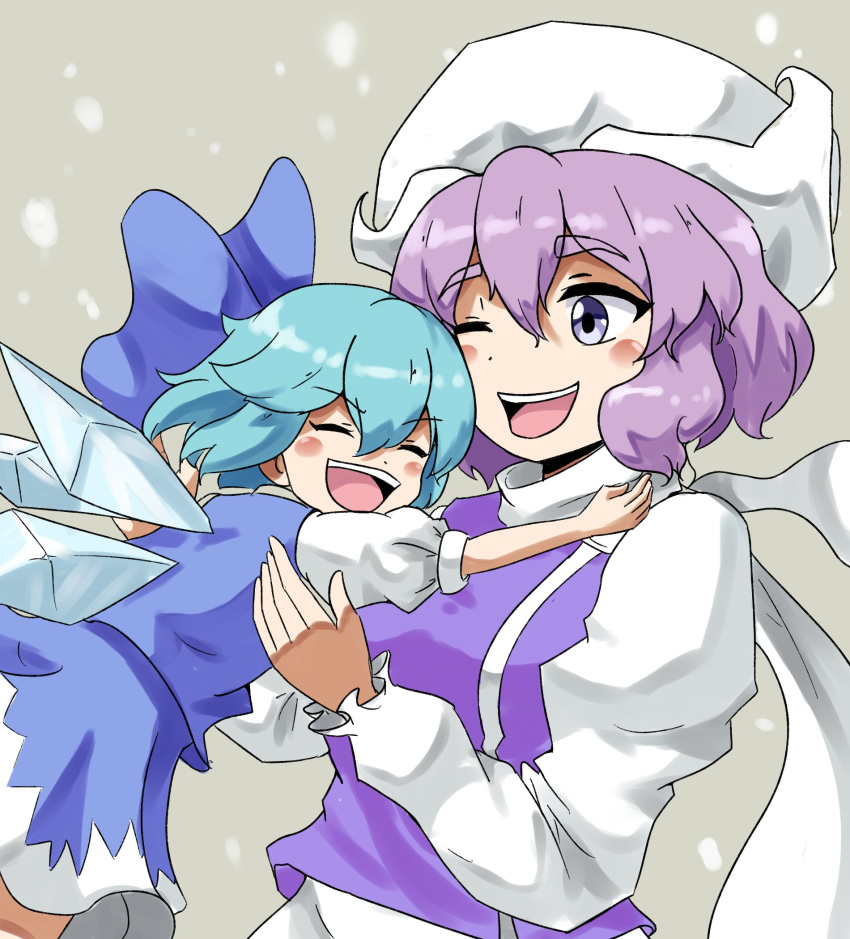 artist_request blue_bow blue_eyes blue_skirt blue_vest blush bow breasts cirno closed_eyes eyebrows_visible_through_hair hair_bow happy highres ice ice_wings letty_whiterock light_purple_hair medium_breasts one_eye_closed open_mouth outdoors scarf shirt skirt thick_eyebrows touhou upper_body upper_teeth vest white_headwear white_scarf white_shirt wings yuki_onna