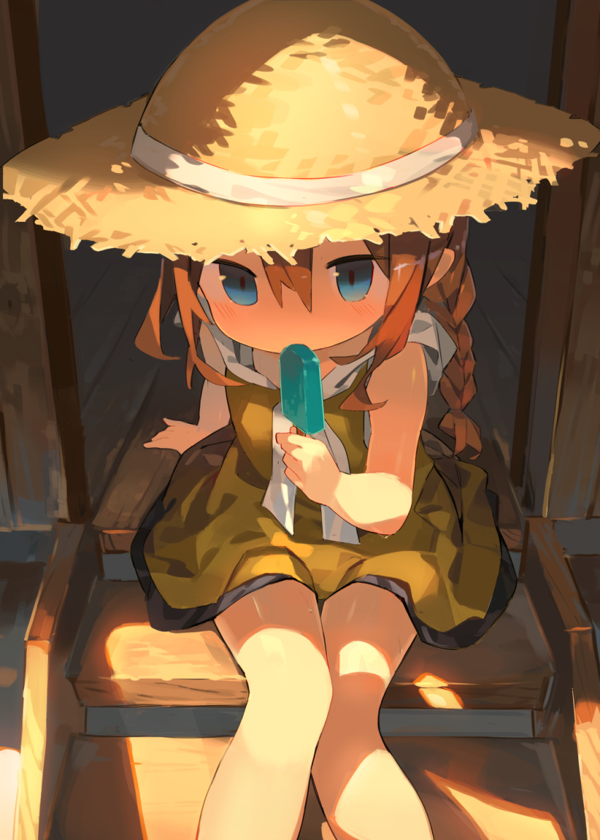 1girl arm_support bangs bare_legs bare_shoulders blue_eyes braid brown_hair brown_headwear child cloneko_(zelmeledf2) commentary covered_mouth day dress eating flat_chest food hand_up hat hat_ribbon highres holding holding_food holding_popsicle knees_together_feet_apart legs long_hair looking_at_viewer on_stairs original outdoors popsicle ribbon shadow shiny shiny_skin short_dress sidelocks single_braid sitting sleeveless sleeveless_dress solo stairs straw_hat sun_hat sunlight sweat tied_hair wooden_floor yellow_dress