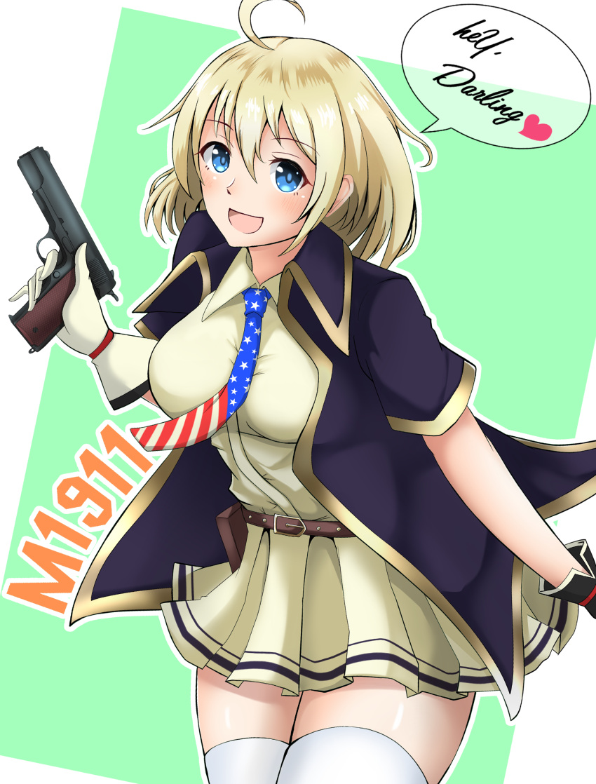 1girl absurdres ammunition_belt blonde_hair blue_eyes blue_jacket blush character_name core1013 dress english_text eyebrows_visible_through_hair feet_out_of_frame girls_frontline gloves gun handgun highres holding holding_gun holding_weapon jacket m1911 m1911_(girls'_frontline) medium_hair open_clothes open_jacket open_mouth simple_background smile solo standing thigh-highs weapon white_gloves white_legwear