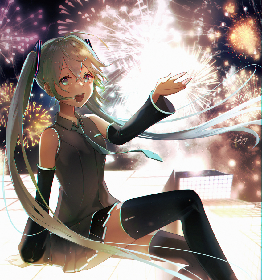 1girl :d antenna_hair aqua_eyes aqua_neckwear bare_shoulders chromatic_aberration crossed_legs detached_sleeves eyebrows_visible_through_hair fireworks hair_between_eyes hair_ornament hand_up hatsune_miku highres killy_doodle lights long_hair multicolored multicolored_eyes necktie open_mouth sidelocks sitting smile solo thigh-highs thighs tongue twintails upper_teeth vocaloid wide_sleeves