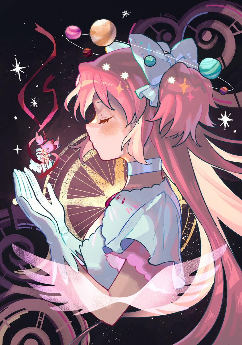 2girls absurdres blush_stickers bubble_skirt choker cleavage_cutout closed_eyes clothing_cutout cropped_torso crossed_arms cupping_hands dual_persona expressionless eyelashes floating_hair from_side giant giantess gloves glowing goddess_madoka hair_ribbon hands_up highres hugging_own_legs kaname_madoka knees_to_chest knees_up layered_sleeves lens_flare light_blush light_particles long_hair magic_circle mahou_shoujo_madoka_magica minigirl multiple_girls no_mouth no_nose pink_hair pink_wings planet planetary_ring profile puffy_short_sleeves puffy_sleeves red_ribbon ribbon short_sleeves size_difference skirt sky socks sparkle star_(sky) star_(symbol) starry_sky time_paradox transparent_wings twintails two_side_up upper_body very_long_hair white_choker white_gloves white_legwear white_ribbon white_skirt wide_sleeves wings yooki_(winter_cakes)