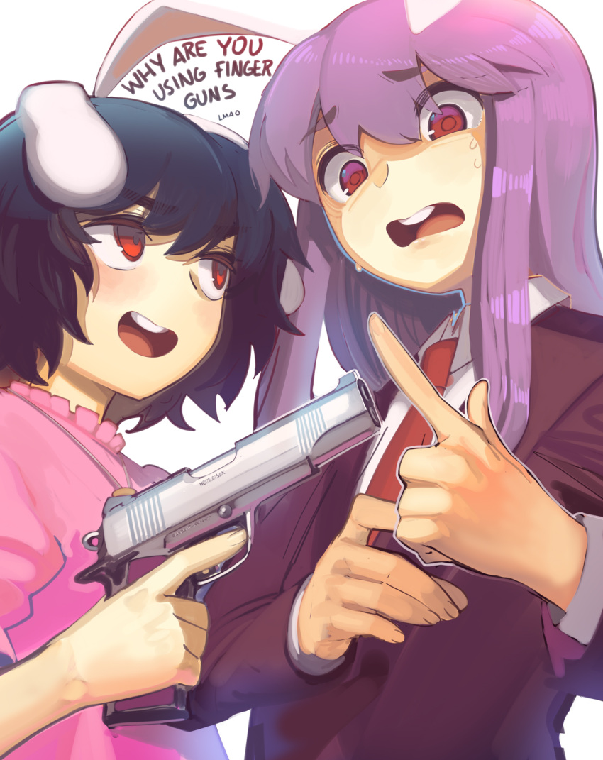 2girls :d animal_ears artist_name bangs black_hair black_jacket blush boa_(brianoa) carrot_necklace commentary_request dress english_text eyebrows_visible_through_hair finger_gun flat_chest floppy_ears frills gun hair_between_eyes handgun highres holding holding_gun holding_weapon inaba_tewi jacket long_sleeves looking_at_another multiple_girls necktie nervous open_mouth outline pink_dress pistol purple_hair rabbit_ears red_eyes red_neckwear reisen_udongein_inaba round_teeth sanpaku scared short_hair simple_background smile sweat teeth touhou upper_body upper_teeth weapon white_background white_outline wing_collar