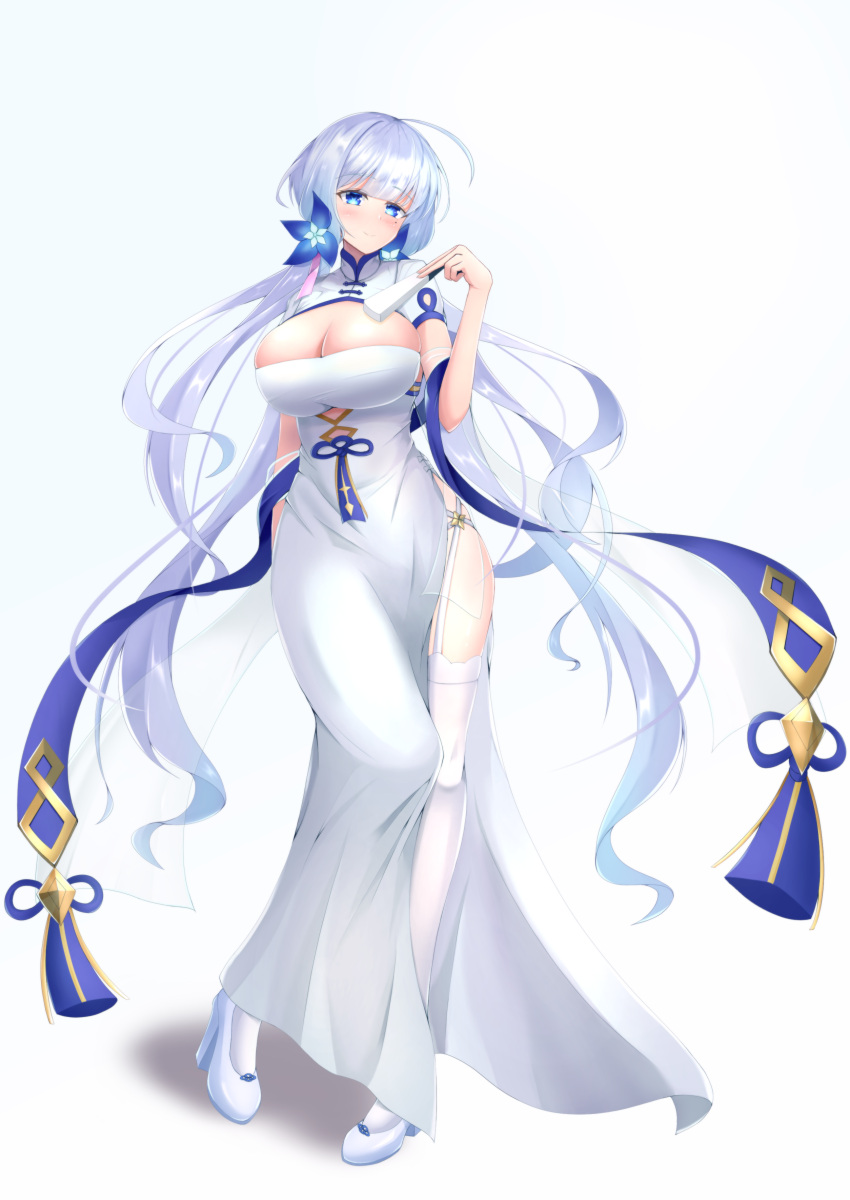 1girl absurdres azur_lane blue_eyes breasts bursting_breasts cela_f china_dress chinese_clothes cleavage_cutout clothing_cutout cutout_above_navel dress eyebrows_visible_through_hair folding_fan full_body garter_straps hand_fan high_heels highres holding holding_fan illustrious_(azur_lane) illustrious_(maiden_lily's_radiance)_(azur_lane) long_hair mole mole_under_eye official_alternate_costume short_sleeves side_slit simple_background solo thigh-highs tri_tails very_long_hair white_background white_dress white_footwear white_hair white_legwear