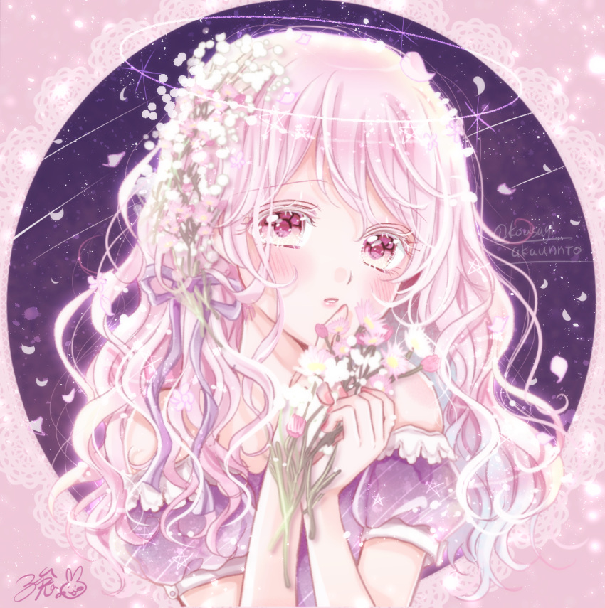 1girl angel angel_wings arm_scrunchie artist_name bow circlet detached_sleeves eyebrows_visible_through_hair fantasy flower frills glint hair_bow hair_flower hair_ornament halo holding holding_flower kousagi light_blush light_rays looking_at_viewer original pink_eyes pink_flower pink_hair pink_theme purple_bow short_sleeves signature sparkle tareme wavy_hair white_flower wings