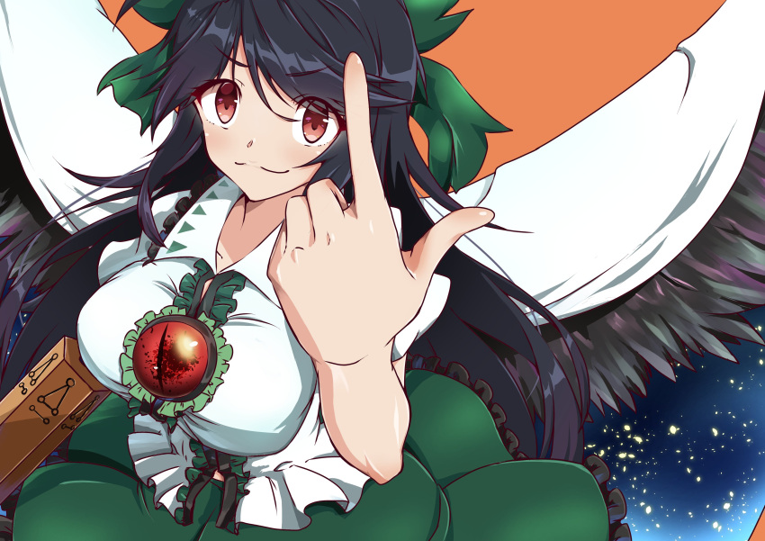 1girl absurdres arm_cannon bangs bird_wings black_hair black_wings blouse bow breasts brown_eyes cape center_frills closed_mouth collared_blouse commentary control_rod cowboy_shot eyebrows_visible_through_hair frilled_skirt frills green_bow green_skirt hair_bow highres large_breasts long_hair looking_at_viewer pointing pointing_up puffy_short_sleeves puffy_sleeves reiuji_utsuho short_sleeves skirt smile solo starry_sky_print takuman135 third_eye touhou weapon white_blouse white_cape wings
