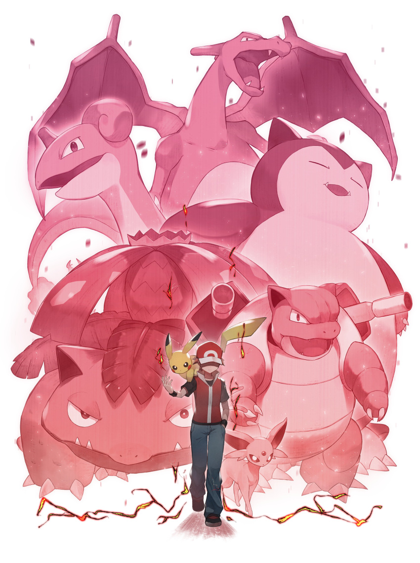 1boy absurdres baseball_cap black_shirt blastoise brown_hair charizard commentary_request espeon hand_in_pocket hat highres jacket lapras male_focus odd_(hin_yari) on_shoulder pants pikachu pokemon pokemon_(creature) pokemon_(game) pokemon_frlg pokemon_on_shoulder red_(pokemon) red_headwear red_jacket shirt short_hair short_sleeves sleeveless sleeveless_jacket snorlax spiky_hair t-shirt venusaur wristband