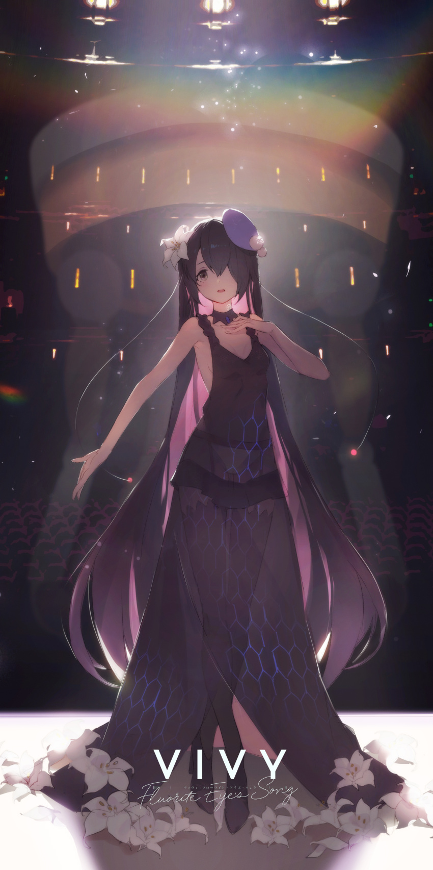 1girl absurdres android bangs bare_shoulders beret black_hair crossed_legs flower hair_flower hair_ornament hair_over_one_eye hand_on_own_chest hat highres long_hair luelue_zi open_mouth ophelia_(vivy) outstretched_hand see-through solo stage stage_lights thigh-highs very_long_hair vivy:_fluorite_eye's_song white_flower