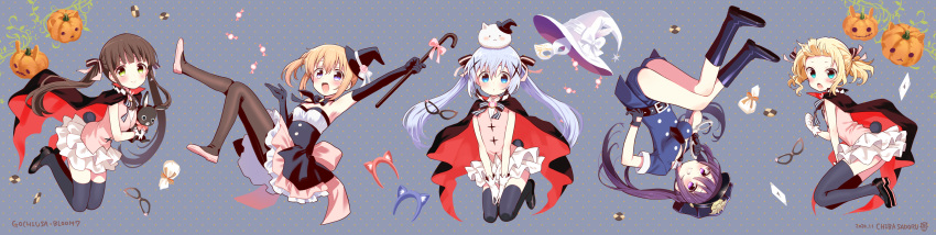 ._. 5girls :3 :d :o absurdres alternate_hairstyle animal animal_ears animal_on_head anko_(gochiusa) aqua_eyes argyle arm_up armpits back_bow bangs bare_arms bare_shoulders belt belt_buckle between_legs black_belt black_bow black_cape black_footwear black_gloves black_headwear black_legwear black_neckwear blonde_hair blue_background blue_eyes blue_hairband blunt_bangs blush boots bow bowtie breasts brown_hair brown_ribbon buckle bunny_on_head candy cane cape card cat_ears checkerboard_cookie chiba_sadoru clenched_hand closed_mouth clothing_cutout cookie copyright_name cosplay crossed_bangs crossed_legs cuffs dated detached_collar domino_mask dot_nose dress elbow_gloves expressionless eye_mask fake_animal_ears fake_tail feet_up flats floating_hair flower food frilled_dress frills from_side full_body furrowed_brow gloves gochuumon_wa_usagi_desu_ka? green_eyes grin hair_between_eyes hair_ornament hair_ribbon hairband halloween halloween_costume hand_between_legs hand_on_hip hand_up handcuffs hat hat_flower hat_ribbon high_heels highres holding holding_animal holding_bunny holding_cane holding_handcuffs hoto_cocoa jack-o'-lantern jumping kafuu_chino kirima_sharo knee_up layered_dress leg_up legs_up light_blue_hair long_hair looking_to_the_side mary_janes mask medium_breasts mini_hat mini_witch_hat multiple_girls necktie on_head open_hand open_mouth orange_hair outstretched_arm pantyhose peaked_cap petticoat phantom_thief_lapin phantom_thief_lapin_(cosplay) pink_bow pink_flower pink_footwear pink_hairband pink_ribbon pink_rose pink_vest playing_card police police_hat police_uniform policewoman rabbit rabbit_tail red_cape ribbon rose shoe_soles shoes short_dress short_hair short_sleeves short_twintails shorts side_ponytail sidelocks signature sleeveless sleeveless_dress smile strapless strapless_dress striped striped_neckwear striped_ribbon tail tareme tedeza_rize teeth thigh-highs thighs tippy_(gochiusa) twintails ujimatsu_chiya underboob_cutout uniform upside-down very_long_hair vest violet_eyes white_bow white_dress white_gloves white_headwear white_ribbon witch_hat x_hair_ornament zettai_ryouiki
