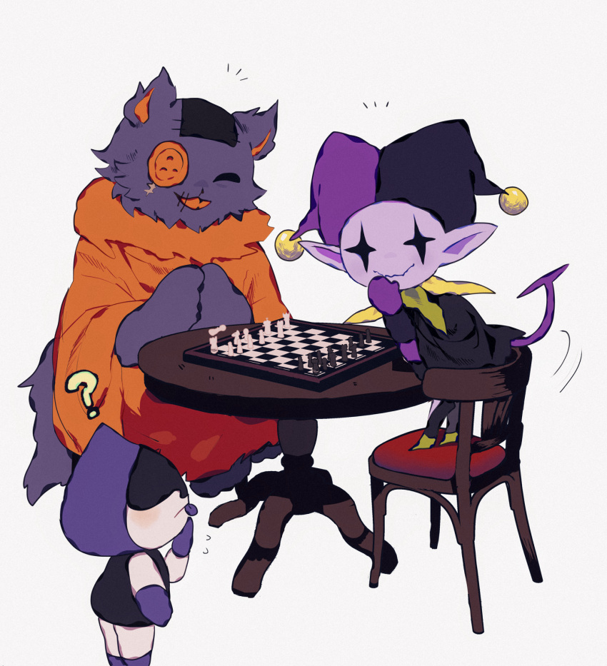 :3 :d ? buttons cat chair chess_piece chessboard colored_skin covering_mouth deltarune fang hand_over_own_mouth hat highres jester_cap jevil lancer_(deltarune) looking_at_viewer no_humans notice_lines open_mouth orange_tunic patch playing_games purple_fur purple_skin scar seam_(deltarune) simple_background smile table tail tunic white_background y_o_u_k_a