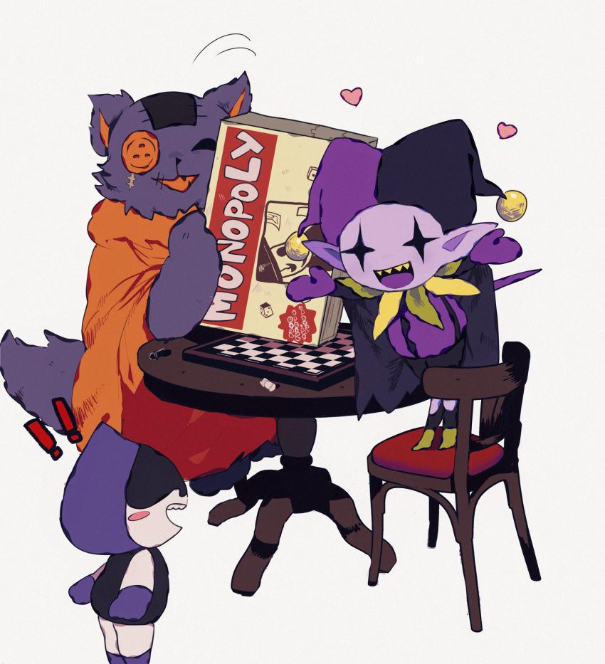 :3 :d black_cape board_game buttons cape cat chair chess_piece chessboard colored_skin deltarune fang hat heart highres jester_cap jevil lancer_(deltarune) monopoly no_humans open_mouth orange_tunic patch playing_games purple_fur purple_skin scar seam_(deltarune) sharp_teeth simple_background smile table tail teeth tunic white_background y_o_u_k_a