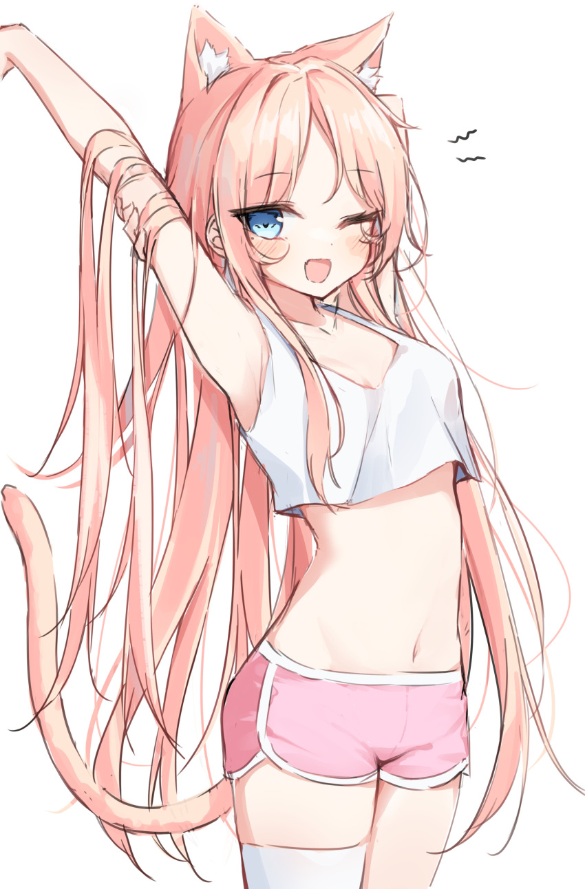 1girl ;d absurdres animal_ears arm_behind_head arm_up beliatan blue_eyes cat_ears cat_girl cat_tail extra_ears eyebrows_visible_through_hair highres long_hair looking_at_viewer midriff navel one_eye_closed open_mouth original pink_hair pink_shorts shorts simple_background single_thighhigh smile solo symbol-only_commentary tail tank_top thigh-highs very_long_hair white_background white_legwear