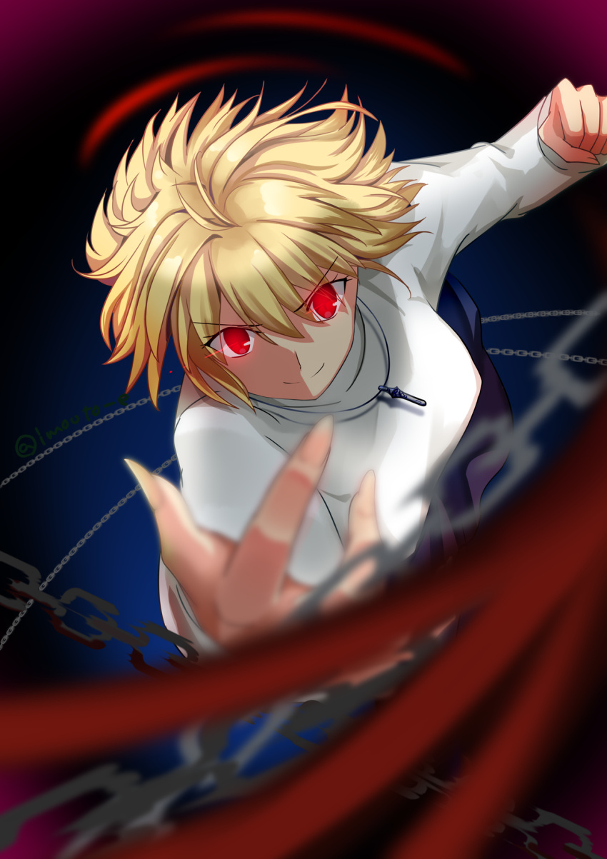 1girl aiming_at_viewer arcueid_brunestud blonde_hair blue_skirt blurry blurry_foreground chain clenched_hand commentary_request dark_persona doko_ni_demo_iru_imouto fingernails glowing glowing_eyes highres incoming_attack incoming_punch jewelry long_skirt looking_at_viewer melty_blood melty_blood:_type_lumina necklace pendant punching sharp_fingernails short_hair skirt smile solo sweater tsukihime tsukihime_(remake) turtleneck turtleneck_sweater warcueid white_sweater