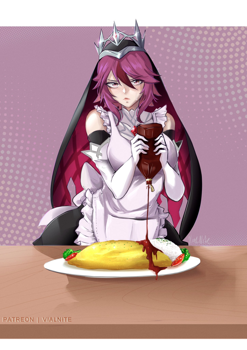 1girl apron bangs bare_shoulders black_dress breasts dress elbow_gloves food genshin_impact gloves habit hair_between_eyes hair_over_one_eye highres ketchup ketchup_bottle large_breasts looking_at_viewer maid maid_apron maid_day maid_headdress multicolored_hair nun omelet omurice pale_skin plate purple_hair red_eyes redhead rosaria_(genshin_impact) short_hair sidelocks solo squeezing streaked_hair table tiara vialnite white_gloves white_sleeves