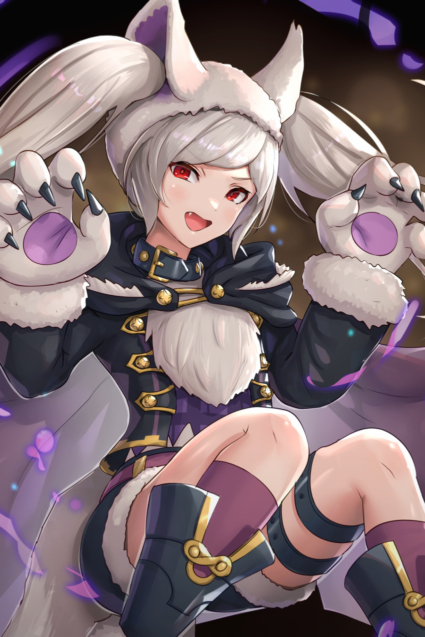 1girl alternate_costume animal_collar animal_ear_headwear black_coat boots cape claws coat collar fang fire_emblem fire_emblem_awakening fire_emblem_heroes fur_trim gloves gonzarez grima_(fire_emblem) halloween halloween_costume highres looking_at_viewer official_alternate_costume purple_cape red_eyes robin_(fire_emblem) robin_(fire_emblem)_(female) shorts twintails white_hair wolf_girl