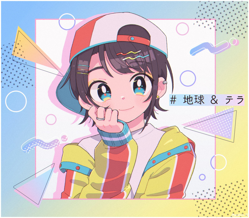 1girl adapted_costume backwards_hat bangs baseball_cap black_hair blue_eyes blush closed_mouth commentary ear_piercing eyebrows_visible_through_hair goldfish_22 hair_ornament hairclip hand_on_own_chin hat head_rest highres hololive jacket jewelry long_sleeves looking_at_viewer off_shoulder oozora_subaru open_clothes open_jacket piercing red_headwear ring shirt short_hair smile solo swept_bangs translated two-tone_headwear upper_body virtual_youtuber white_headwear white_shirt yellow_jacket