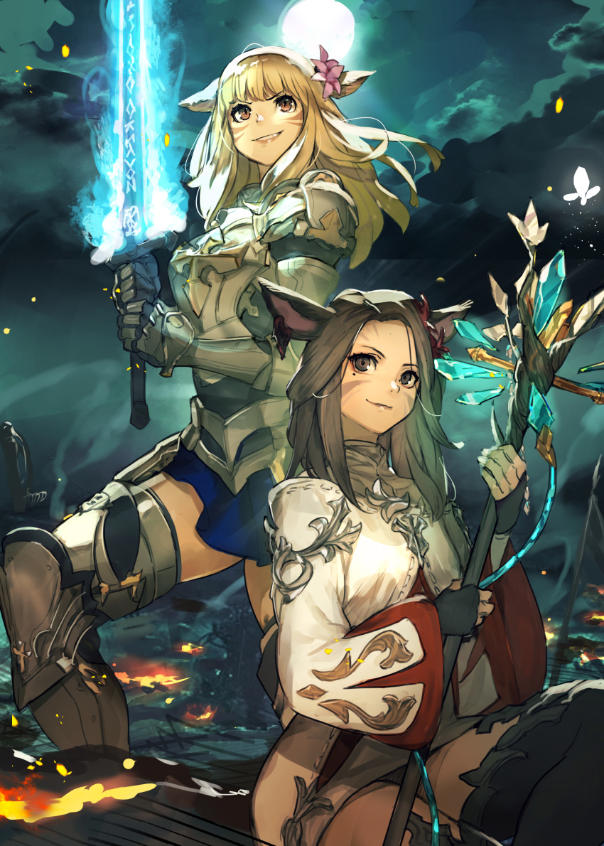 2girls absurdres animal_ears armor armored_boots avatar_(ffxiv) bangs battlefield blonde_hair boots breastplate brown_eyes brown_hair cat_ears dark_knight_(final_fantasy) earrings facial_mark final_fantasy final_fantasy_xiv flower full_moon gauntlets hair_flower hair_ornament hide_(hideout) highres holding holding_staff holding_sword holding_weapon jewelry long_hair looking_at_viewer miqo'te moon multiple_girls night shoulder_armor sitting smile staff sword thigh-highs weapon whisker_markings white_mage