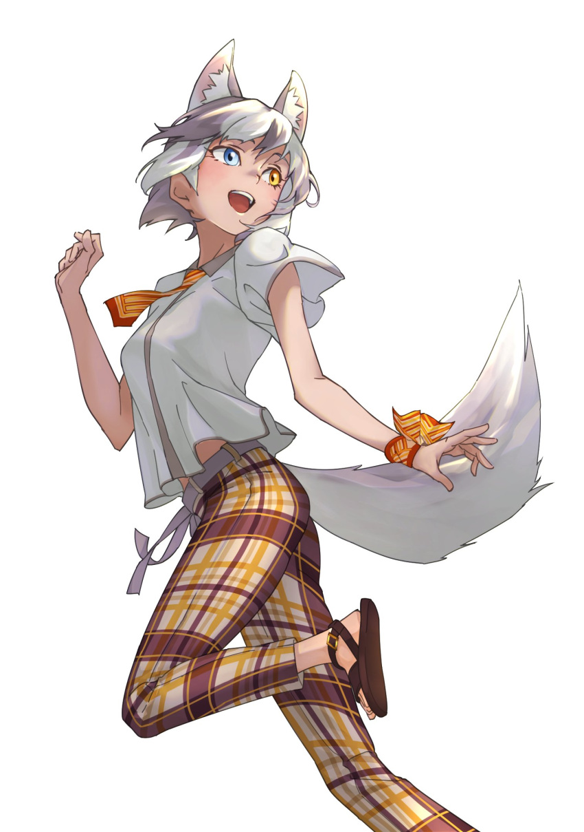 1girl animal_ears blue_eyes brown_footwear casual collared_shirt dog_(mixed_breed)_(kemono_friends) dog_ears dog_girl dog_tail extra_ears from_below grey_hair heterochromia highres kemono_friends kemono_friends_3 looking_back multicolored_hair necktie official_alternate_costume orange_neckwear orange_pants pants plaid plaid_pants sandals shirt short_hair short_sleeves solo tail tanabe_(fueisei) two-tone_hair white_hair yellow_eyes