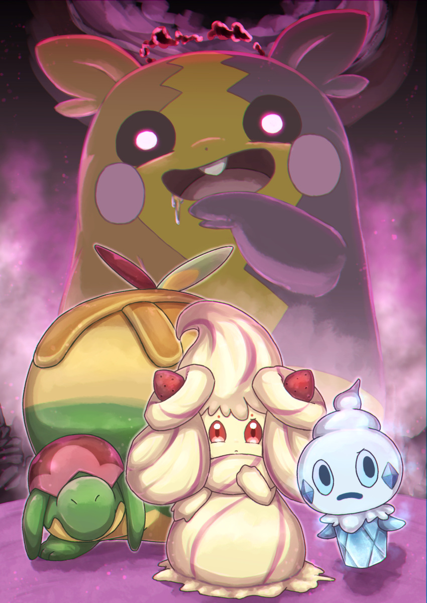 absurdres alcremie appletun closed_mouth commentary_request drooling dynamax frown glowing glowing_eyes hand_up highres kotobukkii_(yt_lvlv) morpeko no_humans open_mouth pokemon pokemon_(creature) red_eyes saliva tongue vanillite
