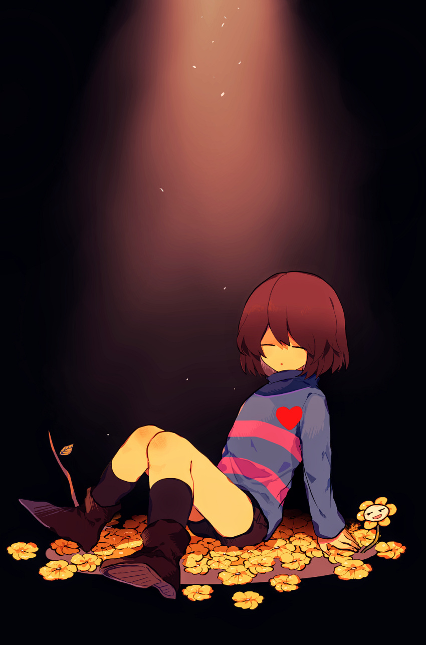 1other bangs blue_sweater boots brown_footwear brown_hair brown_shorts closed_eyes colored_skin facing_viewer flower flowey_(undertale) frisk_(undertale) heart highres long_sleeves shorts sitting solo stick striped striped_sweater sweater undertale y_o_u_k_a yellow_flower yellow_skin