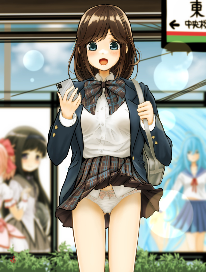 :d absurdres akemi_homura ass_visible_through_thighs bag bangs blue-framed_eyewear blue_eyes blue_neckwear blue_skirt blurry blurry_background blush bokeh bow bow_panties bowtie breasts brown_bow brown_hair brown_neckwear brown_skirt bush cellphone cellphone_picture clothes_lift commentary_request cowboy_shot depth_of_field grey_bag hair_strand highres holding holding_phone jacket kaname_madoka large_breasts looking_at_viewer mahou_shoujo_madoka_magica medium_hair miniskirt nao_suke open_mouth original panties pantyshot phone pink_bow plaid plaid_bow plaid_neckwear plaid_skirt pleated_skirt poster_(object) school_bag school_uniform sign skirt skirt_lift smartphone smile solo_focus standing train_station_platform underwear uniform white_panties wind wind_lift