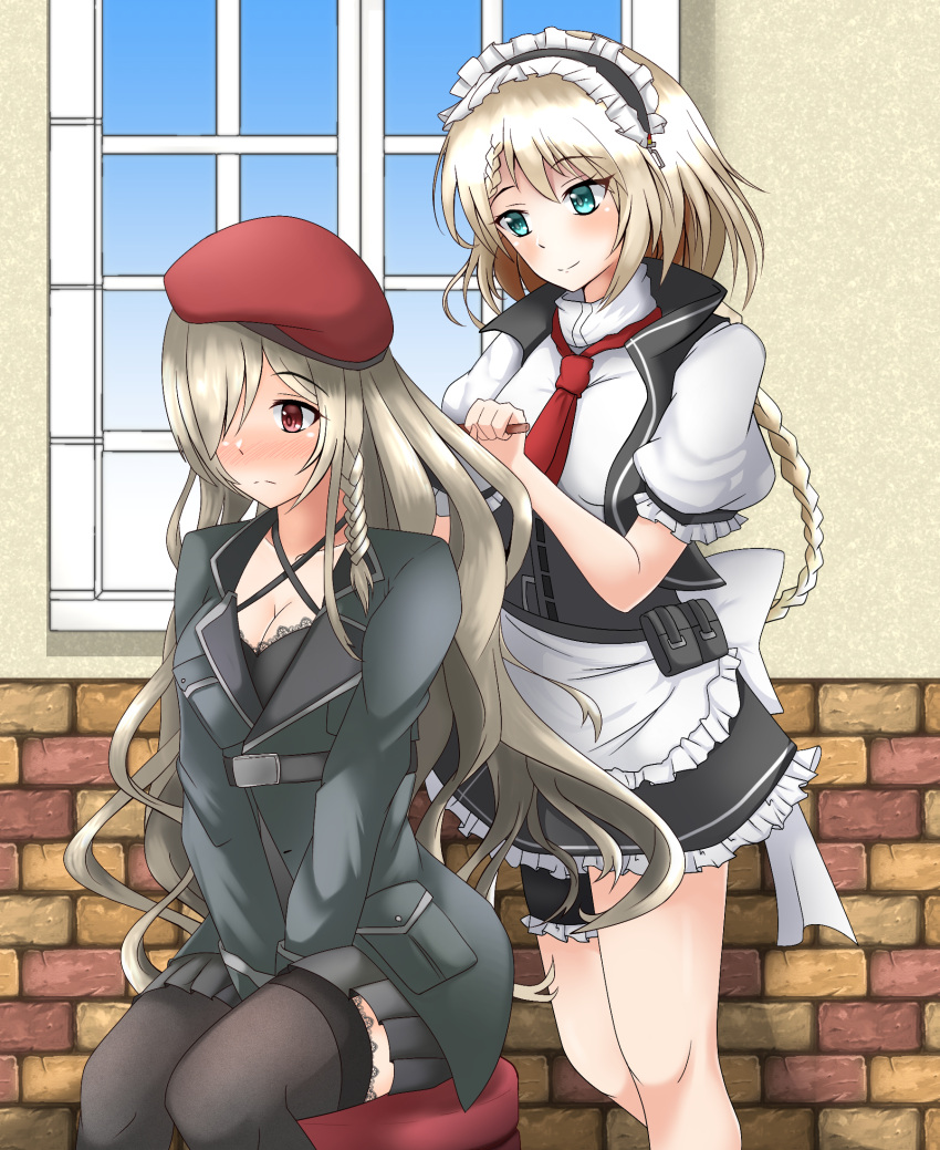 2girls aqua_eyes beret black_legwear blonde_hair braid breasts closed_mouth core1013 eyebrows_visible_through_hair feet_out_of_frame g36_(girls'_frontline) g36c_(girls'_frontline) girls_frontline hands_in_hair hat highres long_hair looking_at_another looking_down maid maid_headdress military military_uniform multiple_girls necktie red_eyes red_headwear red_neckwear siblings simple_background sisters sitting smile standing thigh-highs uniform wall window