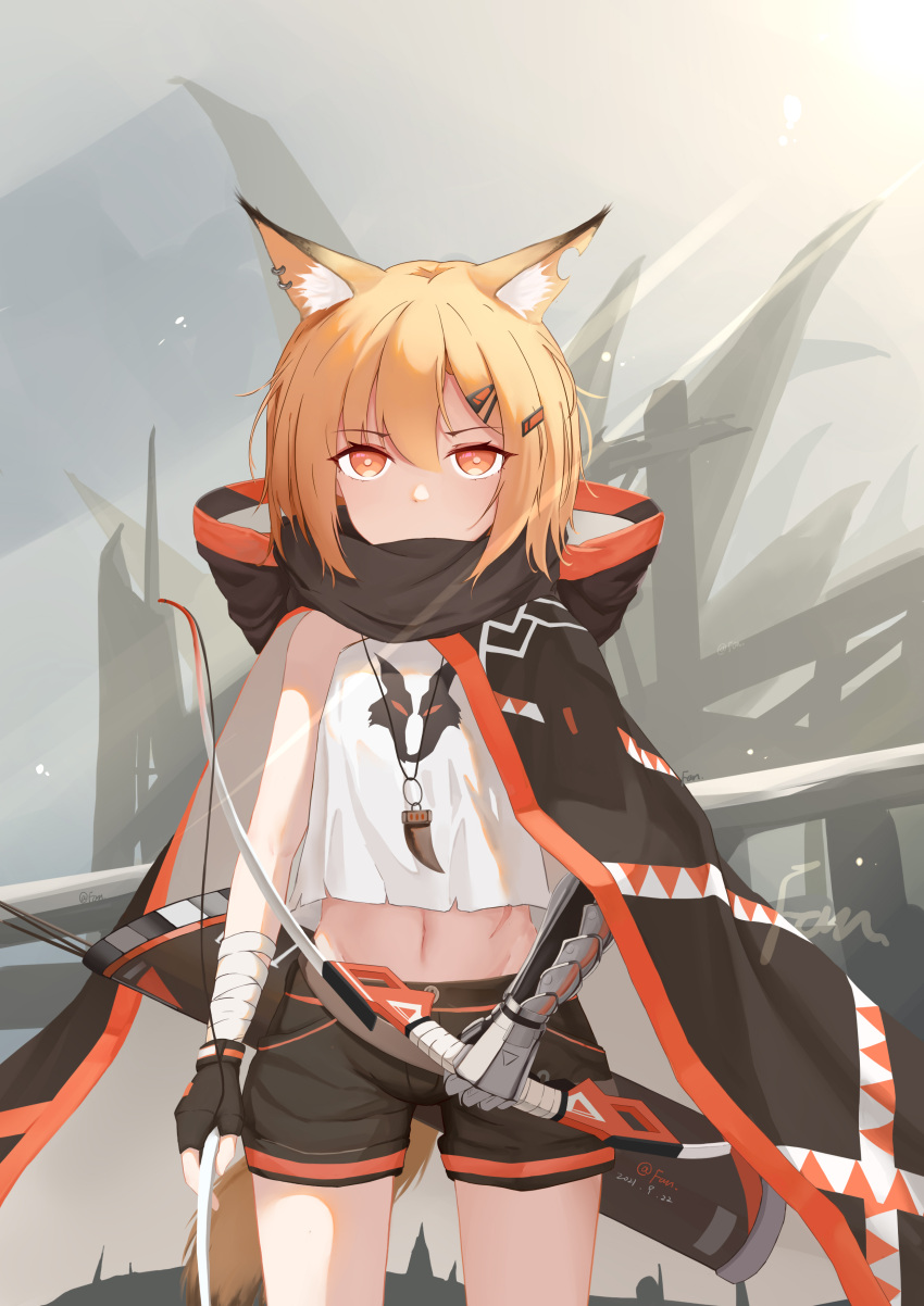 1girl absurdres animal_ears arknights arm_wrap arrow_(projectile) black_cloak black_gloves black_scarf black_shorts bow chinese_commentary cloak commentary_request cowboy_shot crop_top fang_necklace fox_ears fox_tail gloves hair_ornament hairclip highres holding holding_bow hood hood_down hooded_cloak looking_at_viewer midriff notched_ear orange_eyes orange_hair originium_(arknights) outdoors prosthesis prosthetic_arm quiver scarf shenhai_xianyu_fan shirt short_hair shorts single_glove solo standing straight-on tail vermeil_(arknights) white_shirt