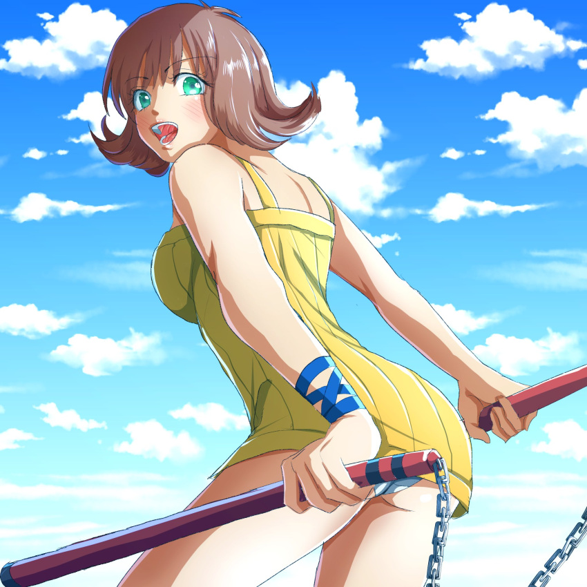 1girl ass bangs blue_sky blush breasts brown_hair clouds dress female final_fantasy final_fantasy_viii flipped_hair green_eyes highres holding holding_nunchaku holding_weapon kamio18 looking_at_viewer looking_back minidress nunchaku open_mouth outdoors panties selphie_tilmitt short_hair sky sleeveless sleeveless_dress smile solo underwear weapon wristband yellow_dress yellow_overalls