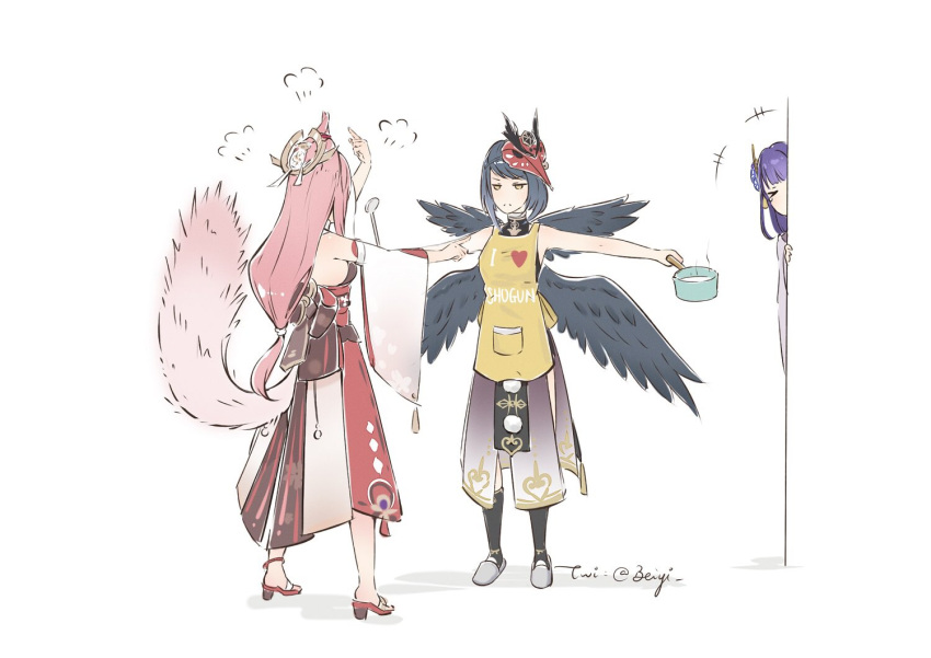&gt;_&lt; 3girls angry animal_ears apron beiyi black_feathers black_legwear black_wings fox_ears fox_girl fox_tail full_body genshin_impact hair_ornament japanese_clothes kujou_sara mask mask_on_head multiple_girls outstretched_arms peeking_out pink_hair pocket pointing pointing_at_self prank purple_hair raiden_shogun spread_arms standing tail tengu_mask wings yae_(genshin_impact) yellow_eyes