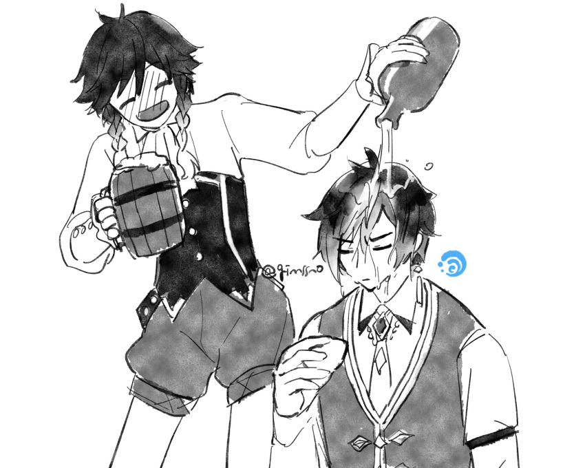 2boys :d bangs beer_mug blush bottle braid closed_eyes commentary corset cup drunk full-face_blush genshin_impact ginnssno greyscale highres holding holding_bottle holding_cup long_hair long_sleeves low_ponytail male_focus monochrome mug multiple_boys necktie open_mouth pouring puffy_shorts shirt shorts side_braids sitting smile symbol-only_commentary twin_braids twintails venti_(genshin_impact) vest wet wet_hair zhongli_(genshin_impact)