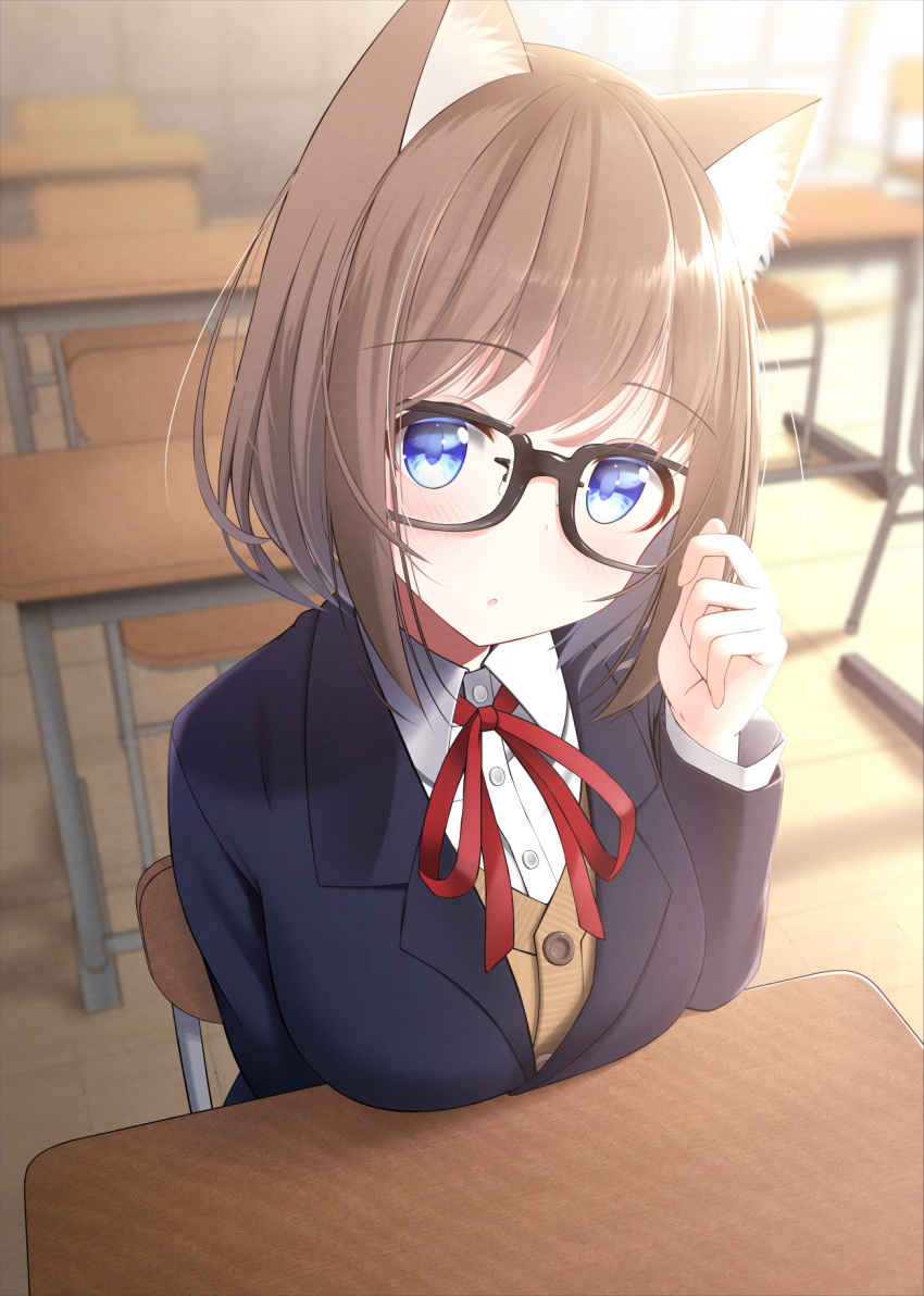 1girl :o adjusting_hair animal_ear_fluff animal_ears black-framed_eyewear blazer blue_eyes blue_jacket blush breast_rest breasts breasts_on_table brown_hair cardigan cat_ears chair classroom collared_shirt desk glasses highres indoors jacket long_sleeves looking_at_viewer medium_hair neck_ribbon nekobaka open_mouth original parted_lips red_neckwear ribbon school_uniform shirt sitting solo sunlight uniform white_shirt