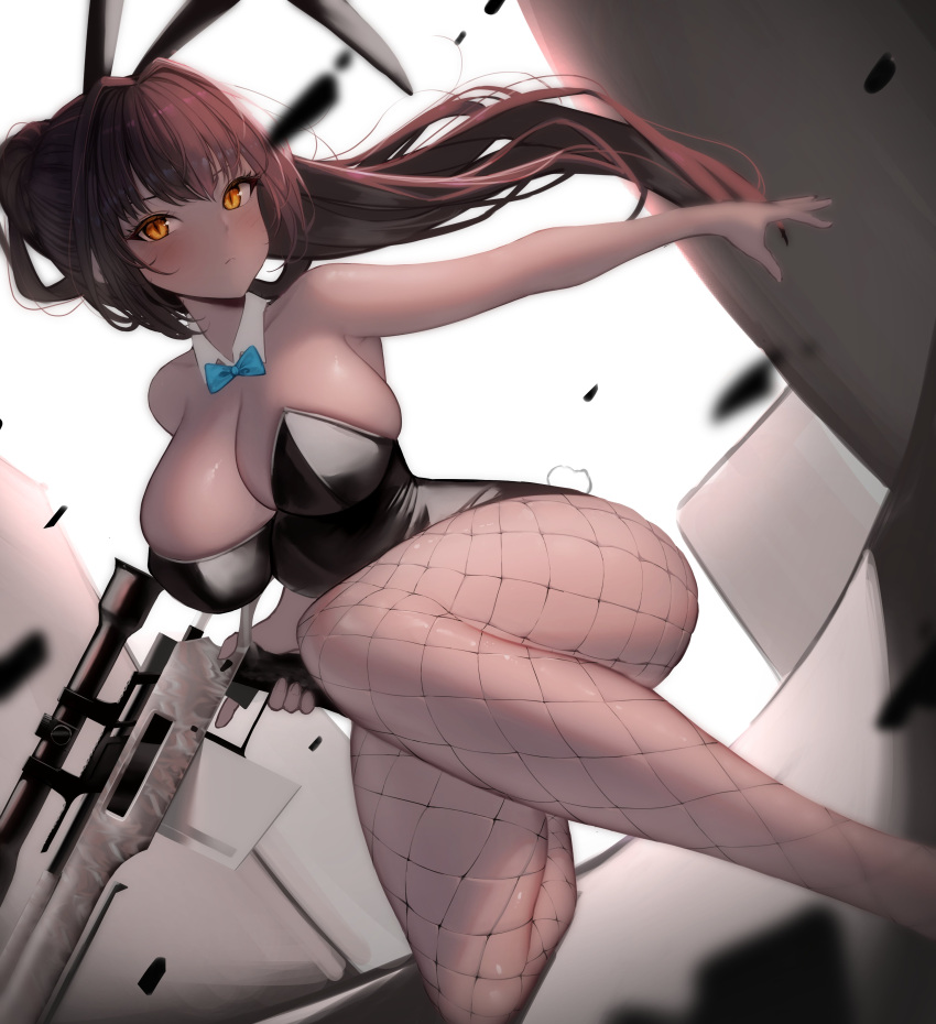 1girl absurdres bangs bbolalus blue_archive blush breasts brown_hair dark-skinned_female dark_skin fishnets gun highres karin_(blue_archive) large_breasts orange_eyes playboy_bunny ponytail rifle slit_pupils solo weapon