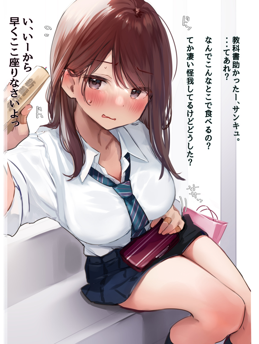 1girl absurdres bag bangs bare_legs blush breasts brown_hair calf_socks commentary_request dress_shirt expression_request eyebrows_visible_through_hair eyes_visible_through_hair hair_behind_ear handbag highres holding large_breasts long_hair looking_to_the_side miniskirt necktie nekomugiharu original pink_bag pleated_skirt school_uniform shirt shopping_bag sideways_glance skirt sweatdrop tagme thighs translation_request unbuttoned unbuttoned_shirt white_shirt