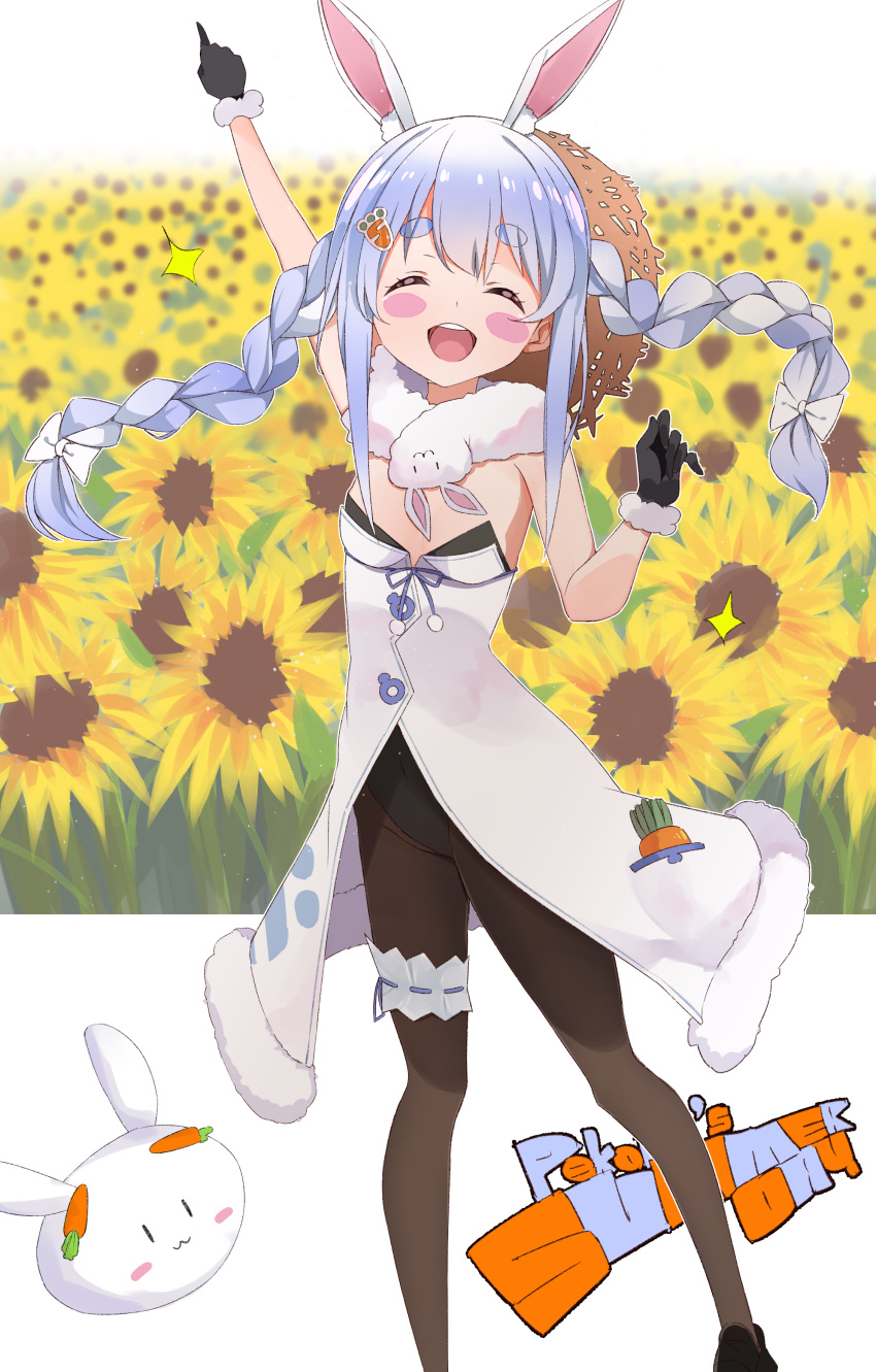 1girl absurdres animal_ear_fluff animal_ears arm_up black_footwear black_gloves black_legwear black_leotard blue_hair blush blush_stickers bow braid carrot_hair_ornament carrot_in_pocket closed_eyes coat don-chan_(usada_pekora) eureka_814 flower food-themed_hair_ornament garters gloves hair_bow hair_ornament highres hololive leg_garter leotard long_hair multicolored_hair open_mouth pantyhose pointing pointing_up rabbit_ears rabbit_girl sleeveless_coat smile solo standing sunflower thick_eyebrows twin_braids two-tone_hair usada_pekora virtual_youtuber white_bow white_coat white_hair