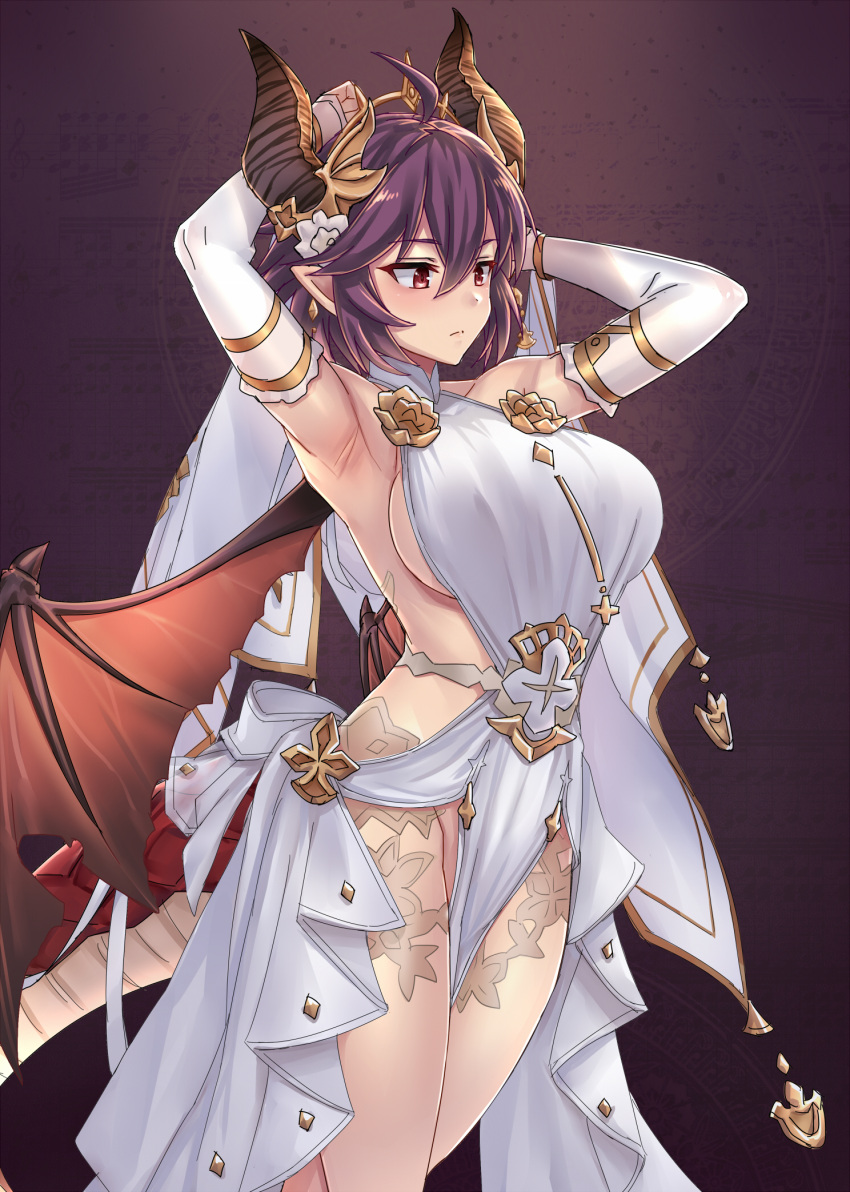 1girl armpits arms_up bangs bare_shoulders blush breasts closed_mouth detached_sleeves dragon_girl dragon_tail dragon_wings dress granblue_fantasy grea_(shingeki_no_bahamut) highres large_breasts long_sleeves minarai pointy_ears purple_background purple_hair red_eyes short_hair sideboob solo standing tail thighs white_dress wings