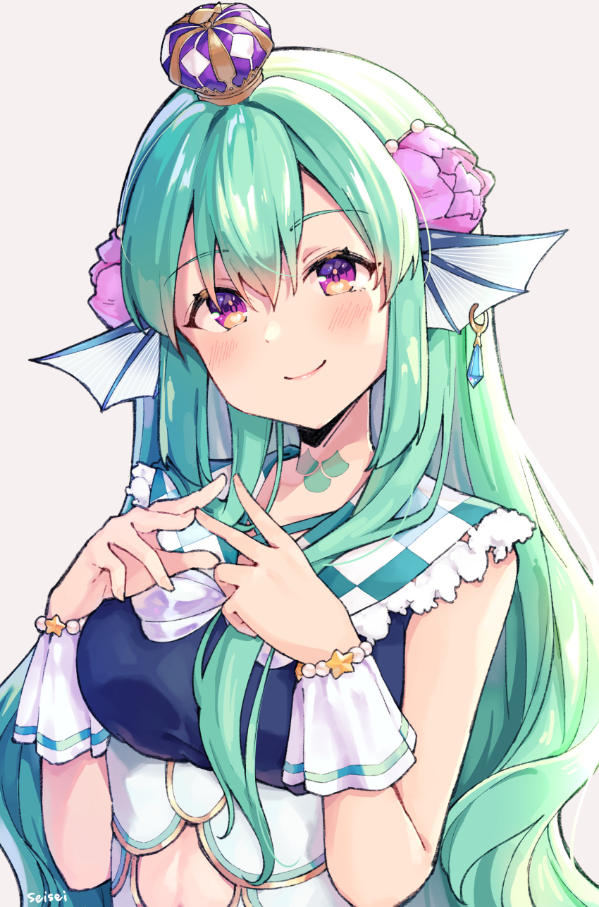 1girl absurdres artist_name bangs blush breasts checkered checkered_neckwear clothing_cutout collar crown earrings eyebrows_visible_through_hair finana_ryugu fingers_together flower frilled_collar frills green_hair hair_between_eyes hair_flower hair_ornament head_fins highres jewelry lazulight long_hair looking_at_viewer medium_breasts mini_crown navel_cutout neck_tattoo nijisanji nijisanji_en purple_flower sailor_collar seion simple_background single_earring smile solo tattoo upper_body violet_eyes virtual_youtuber white_background white_wrist_cuffs wrist_cuffs