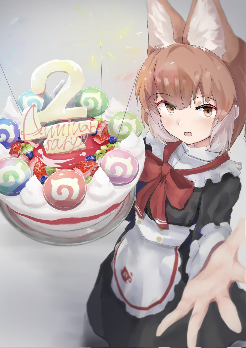 alternate_costume animal_ears anniversary apron birthday_cake black_dress bow bowtie cake collar commentary_request dhole_(kemono_friends) dog_ears dog_girl dress enmaided extra_ears eyebrows_visible_through_hair food frilled_collar frills high_collar highres japari_bun japari_symbol kemono_friends kemono_friends_3 koshou_(g_ro_dorannna) light_brown_hair long_dress long_sleeves looking_at_viewer maid maid_apron maid_headdress multicolored_hair official_alternate_costume orange_eyes reaching_out red_neckwear short_hair two-tone_hair white_apron white_hair