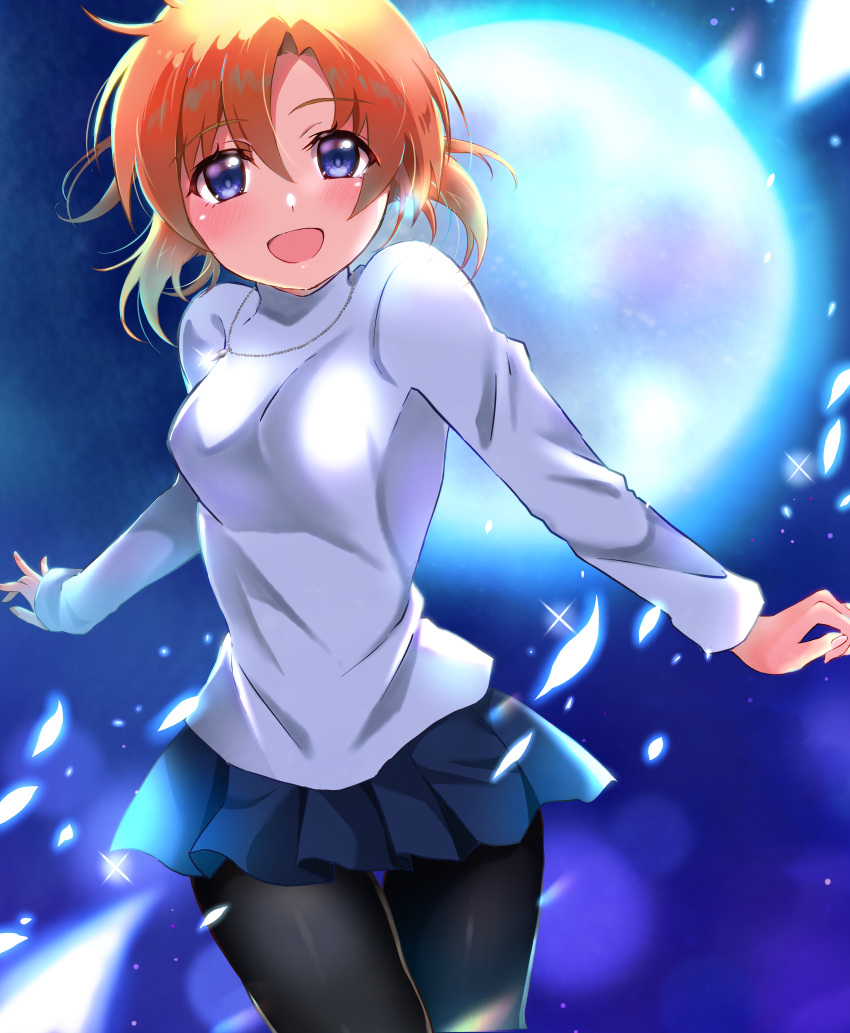 1girl :d absurdres bangs black_legwear blue_skirt blush breasts commentary_request eyebrows_visible_through_hair full_moon glint glowing hair_between_eyes happy highres higurashi_no_naku_koro_ni jewelry long_sleeves looking_at_viewer mashimaro_tabetai medium_breasts miniskirt moon necklace night night_sky open_mouth outdoors pantyhose pendant pleated_skirt ryuuguu_rena shirt skirt sky smile solo sparkle standing white_shirt