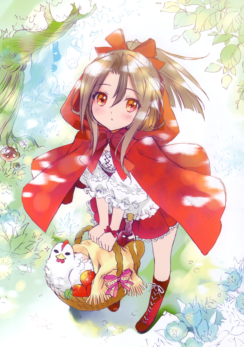 1girl :&lt; absurdres apple basket bird blush boots bottle bow cape carnelian character_request chicken cosplay flower food from_above fruit hair_bow highres holding holding_basket hood hood_down hooded_cape kantai_collection long_hair looking_at_viewer mushroom outdoors ponytail red_bow red_cape red_eyes red_footwear red_skirt scan shirt skirt solo standing tree white_shirt